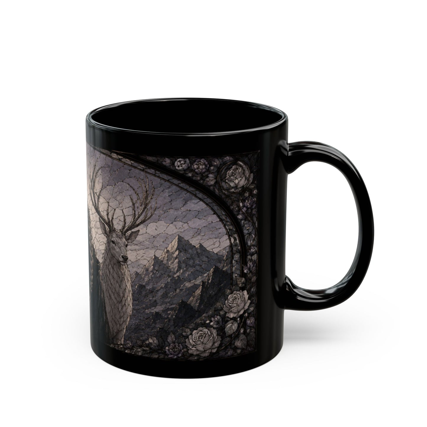 Black mug with a gothic deer and mountain scene featuring roses.