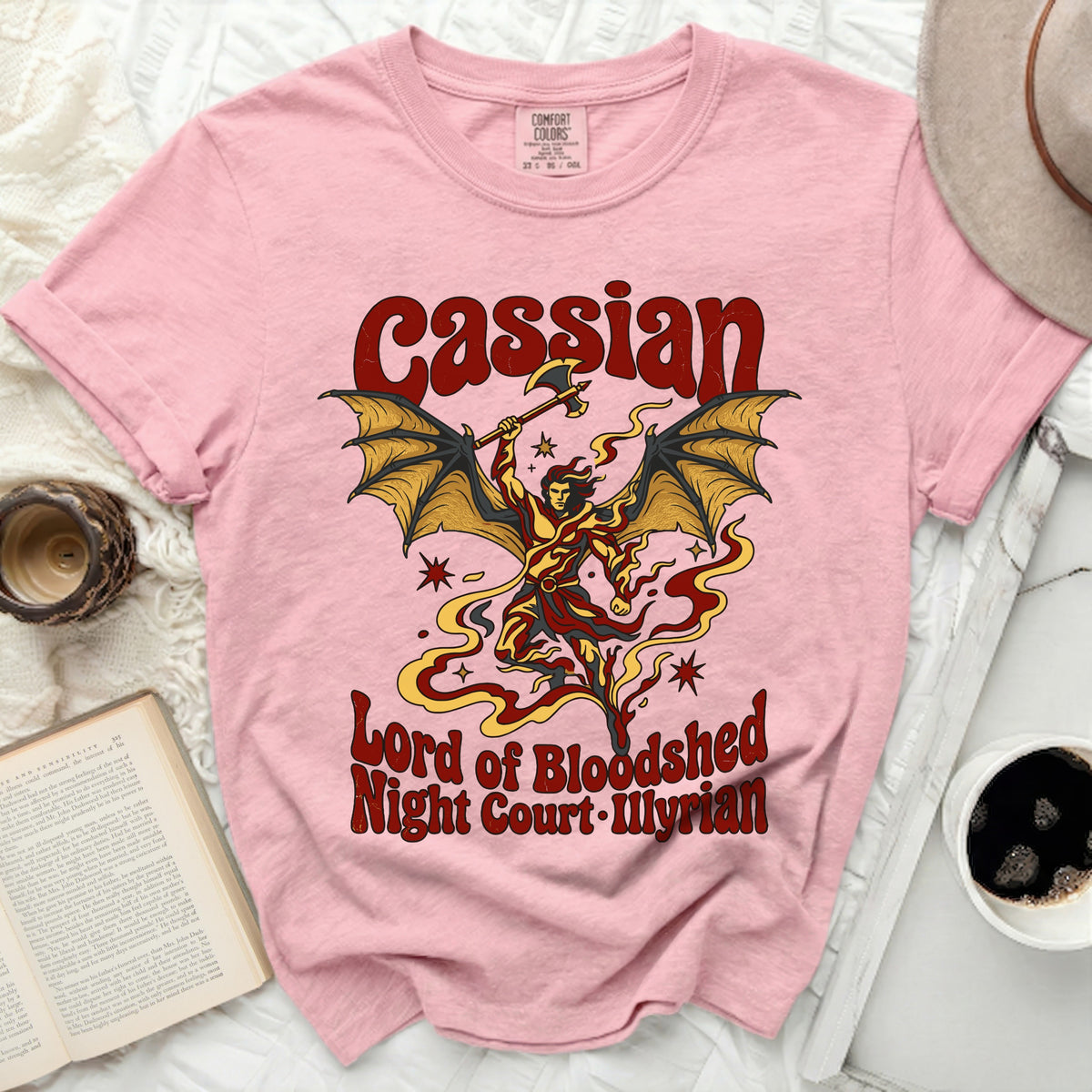 Pink t-shirt with graphic of "Cassian Lord of Bloodshed Night Court Illyrian".
