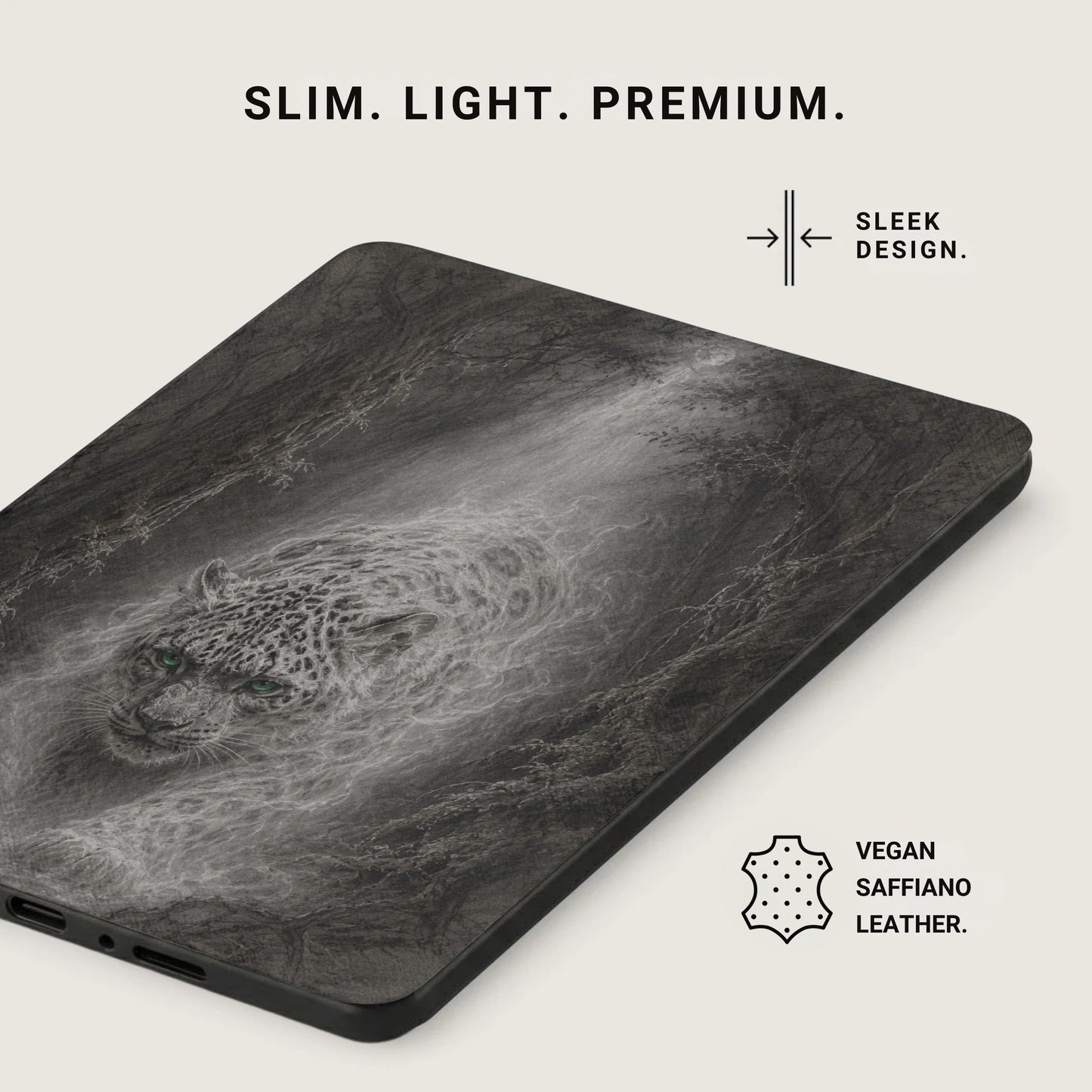 Case with snow leopard and forest design, vegan saffiano leather.