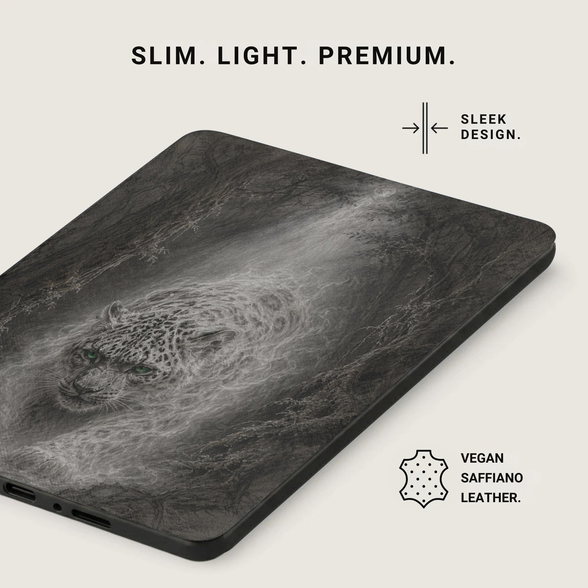 Case with snow leopard and forest design, vegan saffiano leather.