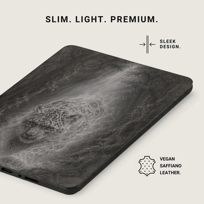 Case with snow leopard and forest design, vegan saffiano leather.