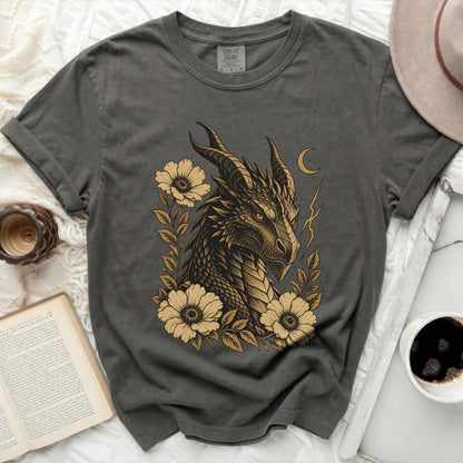 Grey t-shirt with a dragon and floral graphic, Comfort Colors size M tag.
