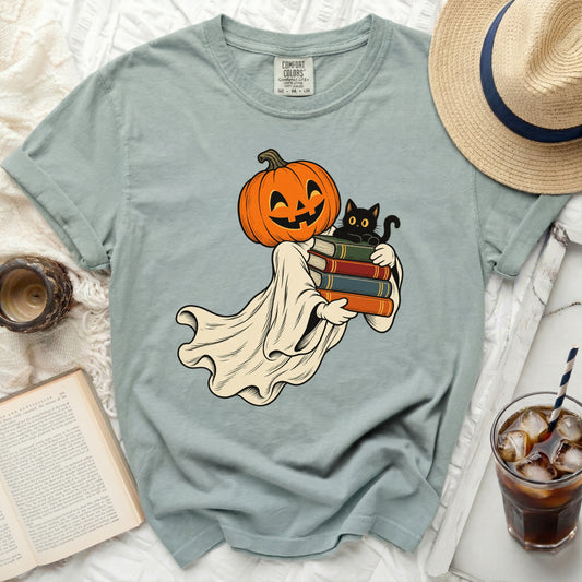Ghost with a jack-o'-lantern head holding a stack of books and a black cat.