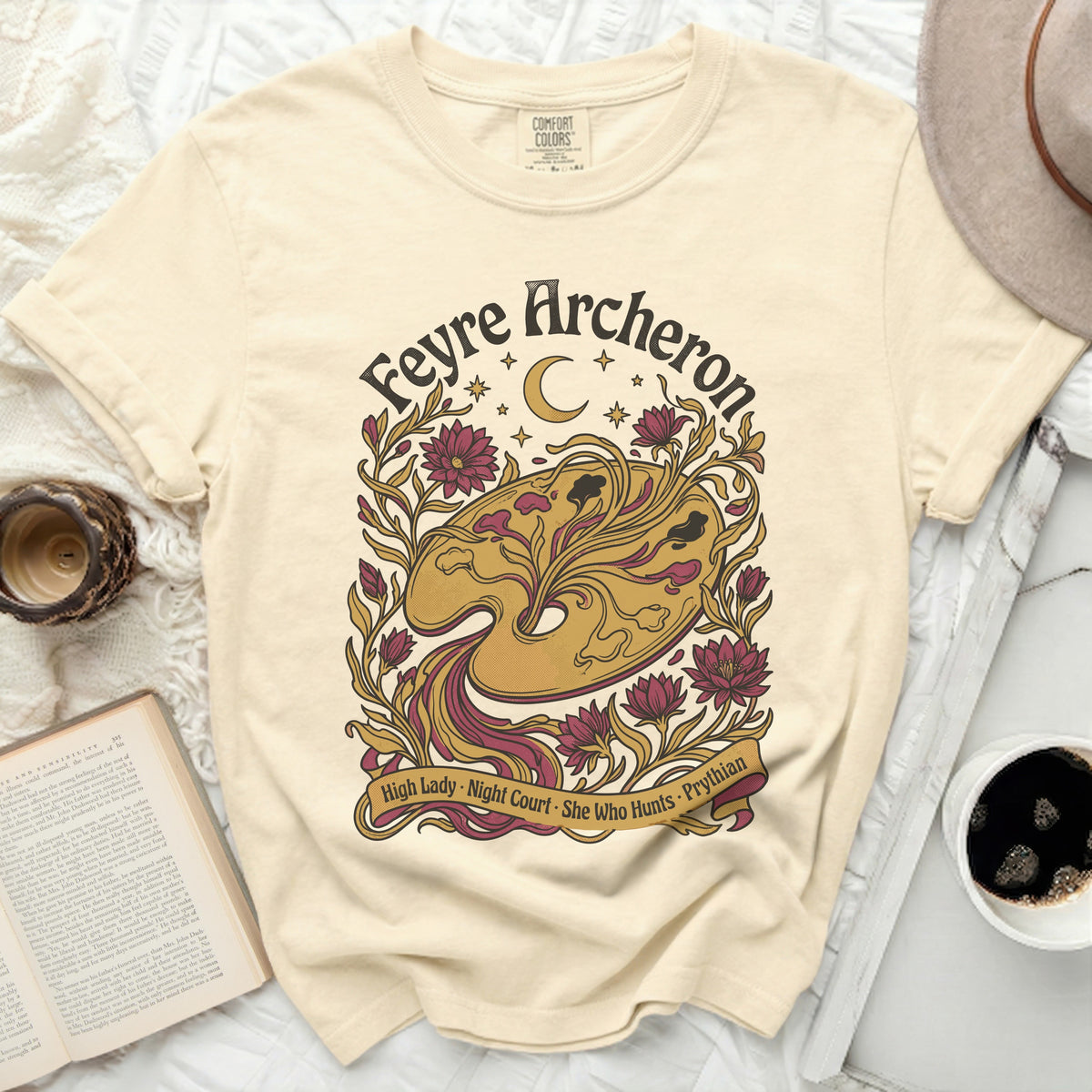 Feyre Archeron t-shirt with moon, stars, flowers, and text.
