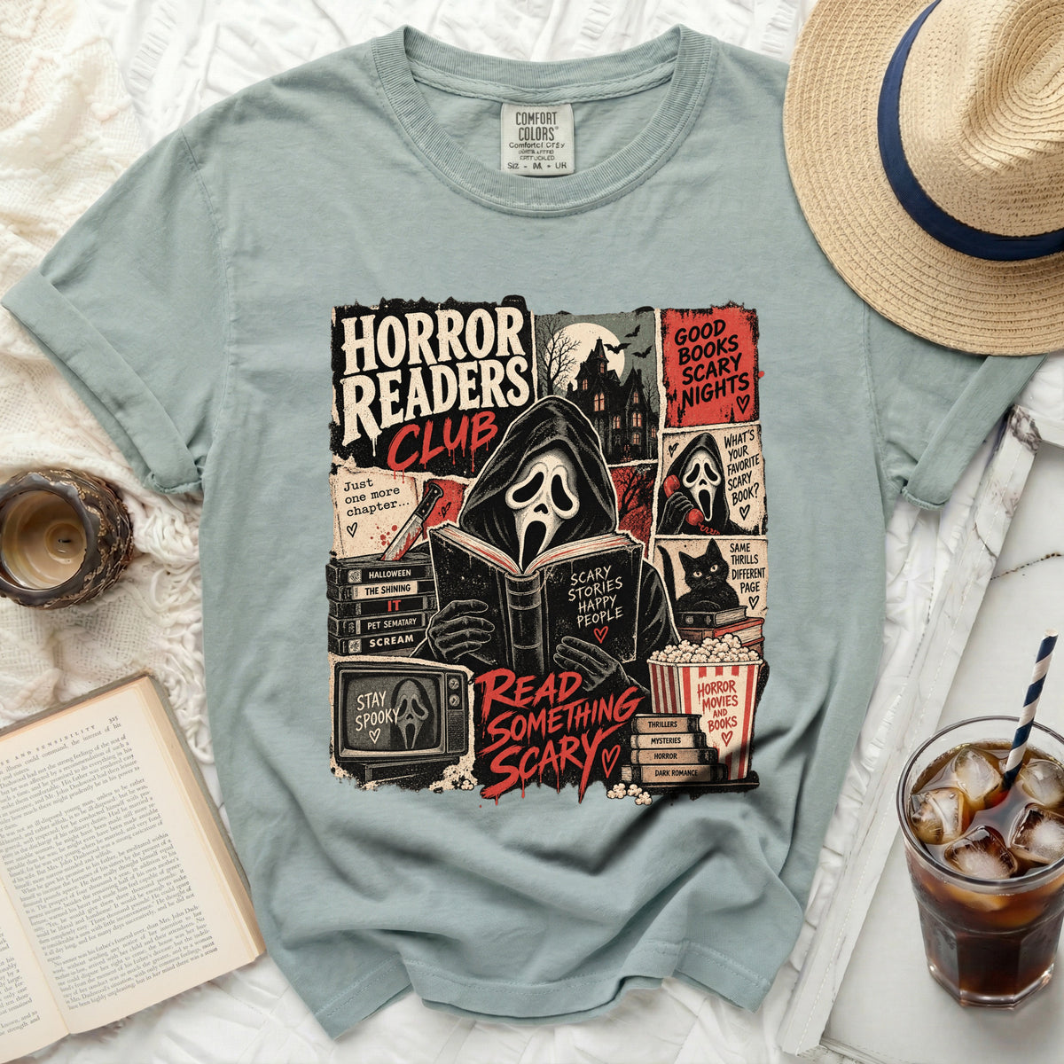 T-shirt with "Horror Readers Club" graphic featuring Ghostface reading a book.
