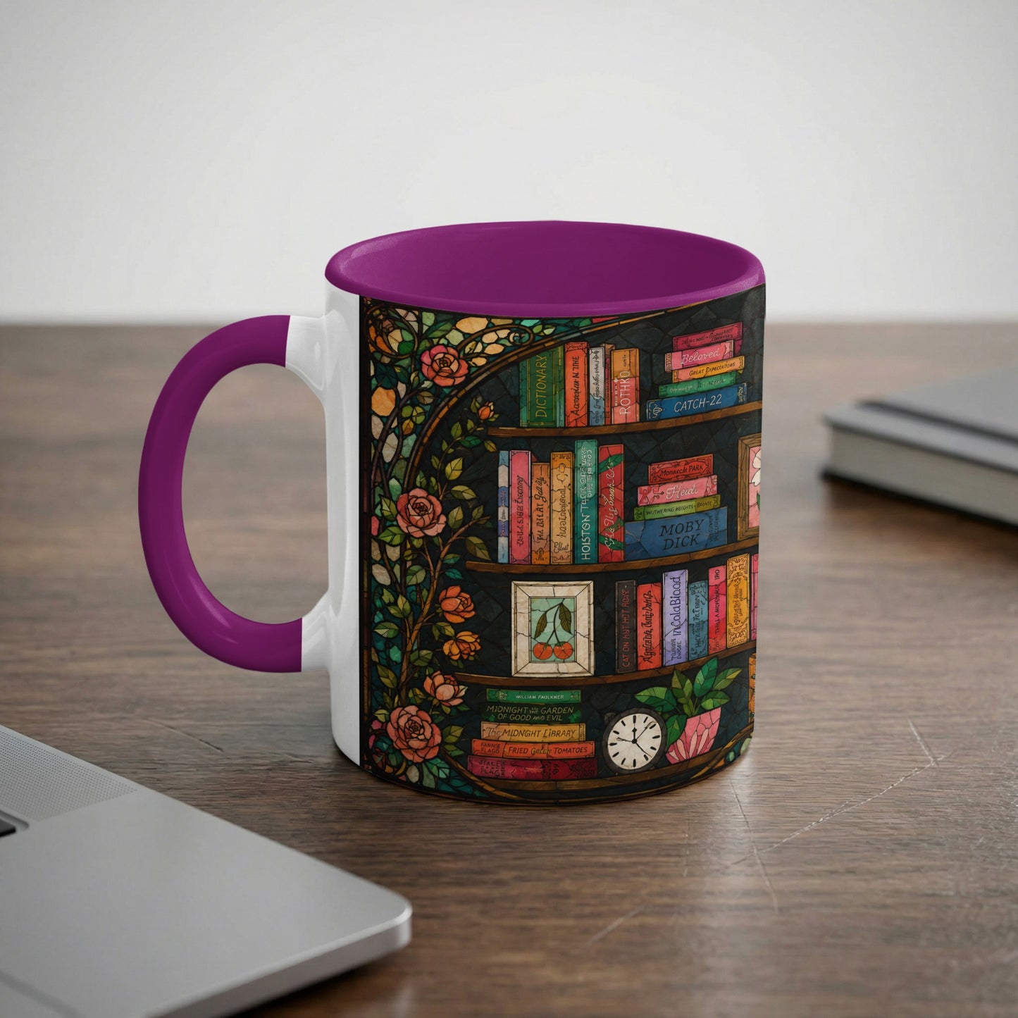 Mug with purple handle featuring a stained-glass bookshelf design and roses.