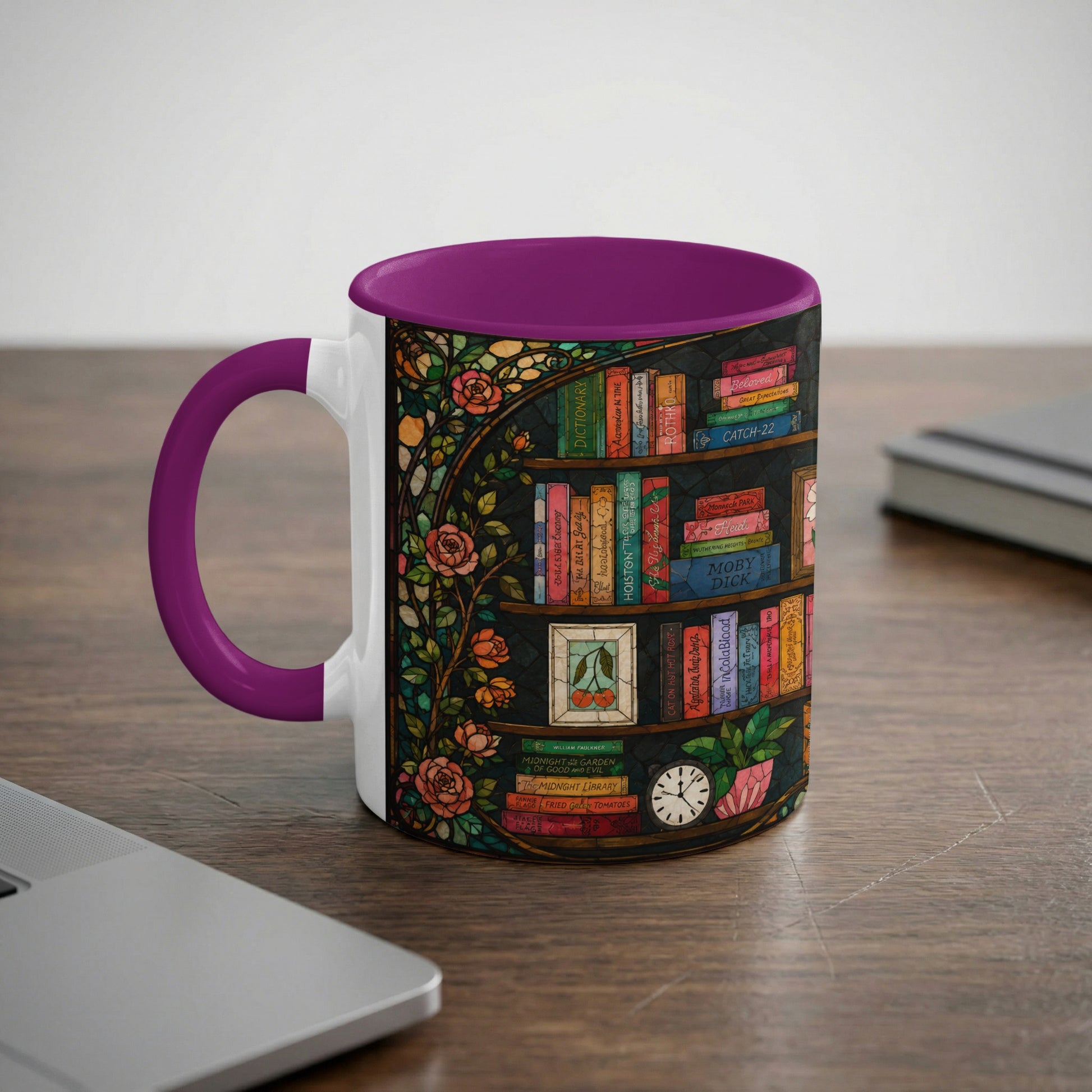 Mug with purple handle featuring a stained-glass bookshelf design and roses.