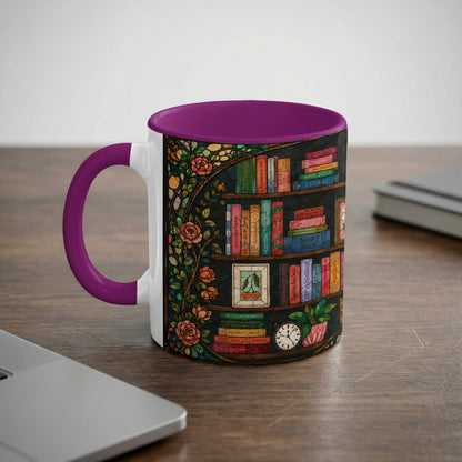 Mug with purple handle featuring a stained-glass bookshelf design and roses.