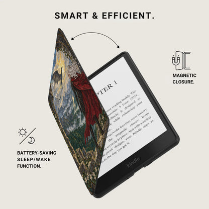 Kindle e-reader with a book cover featuring a dragon and king, magnetic closure.
