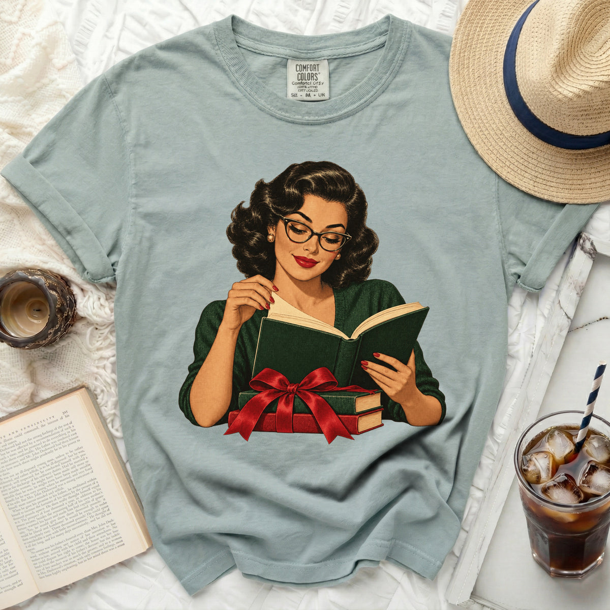 Retro illustration of a woman in glasses reading a book tied with a red ribbon.