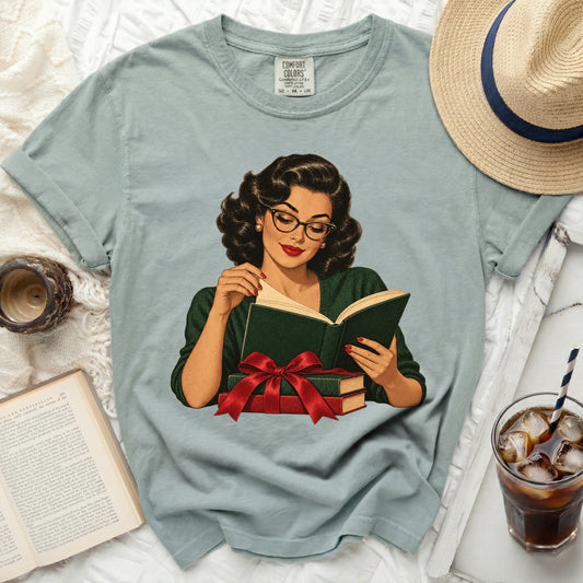 Retro illustration of a woman in glasses reading a book tied with a red ribbon.