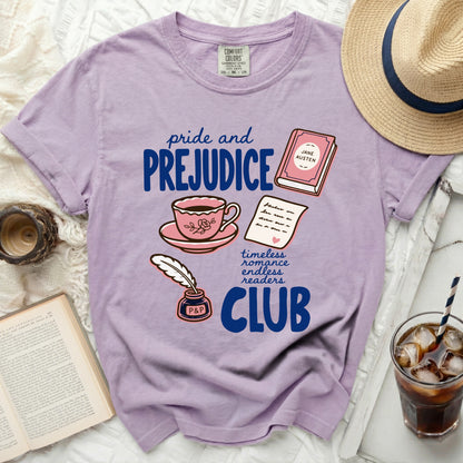 Purple t-shirt with "Pride and Prejudice" book club graphics.