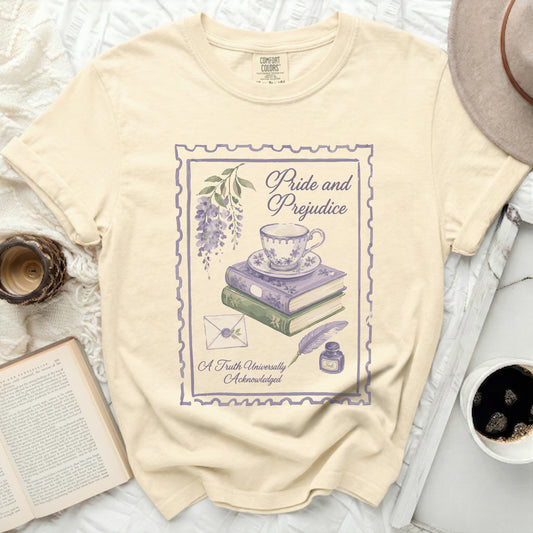 T-shirt with "Pride and Prejudice" literary design featuring teacup, books, and quill.