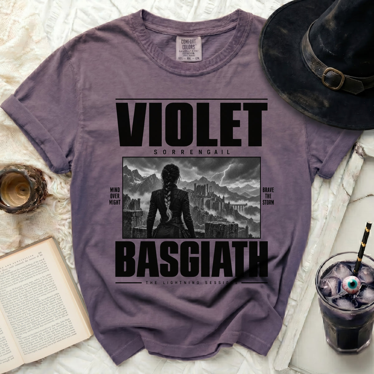 Violet Sorrengail Basgiath The Lightning Sessions t-shirt with storm illustration.