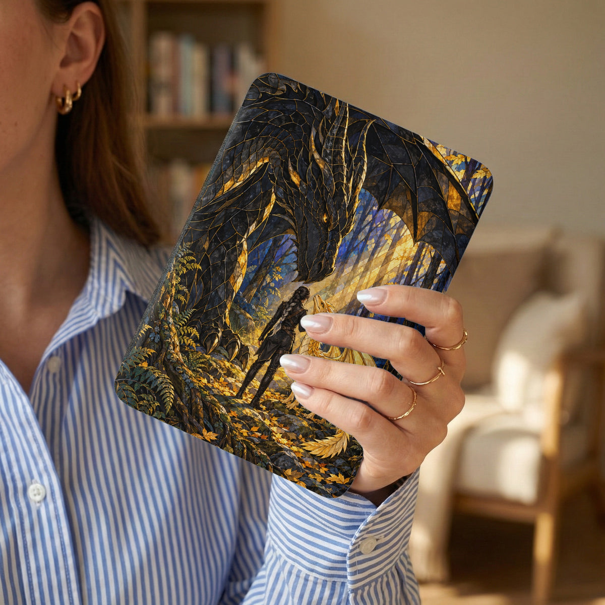 Fantasy art case with a dragon and a person in a forest.