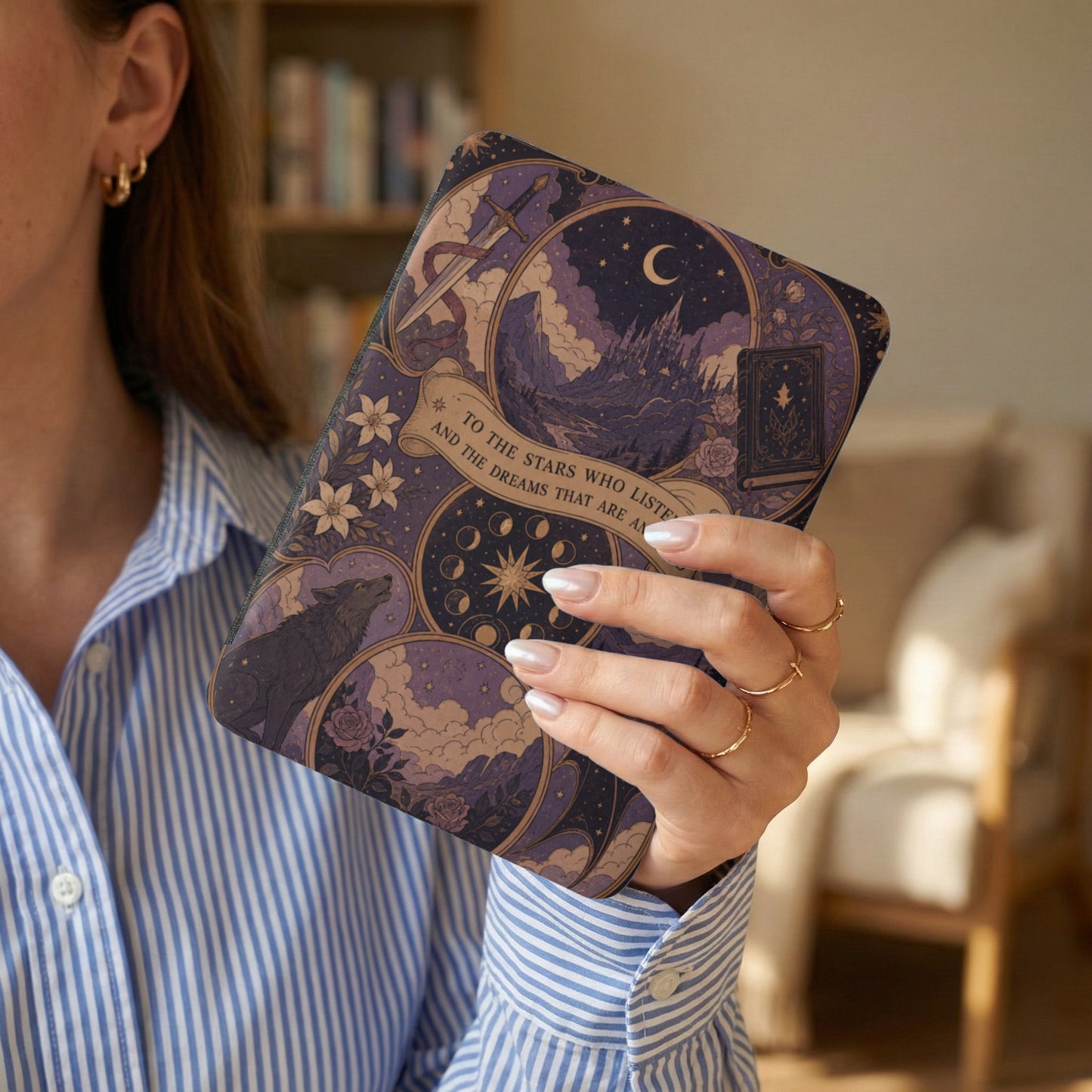 Journal with a starry sky, castle, wolf, and quote "To the Stars Who Listen and The Dreams That Are An".