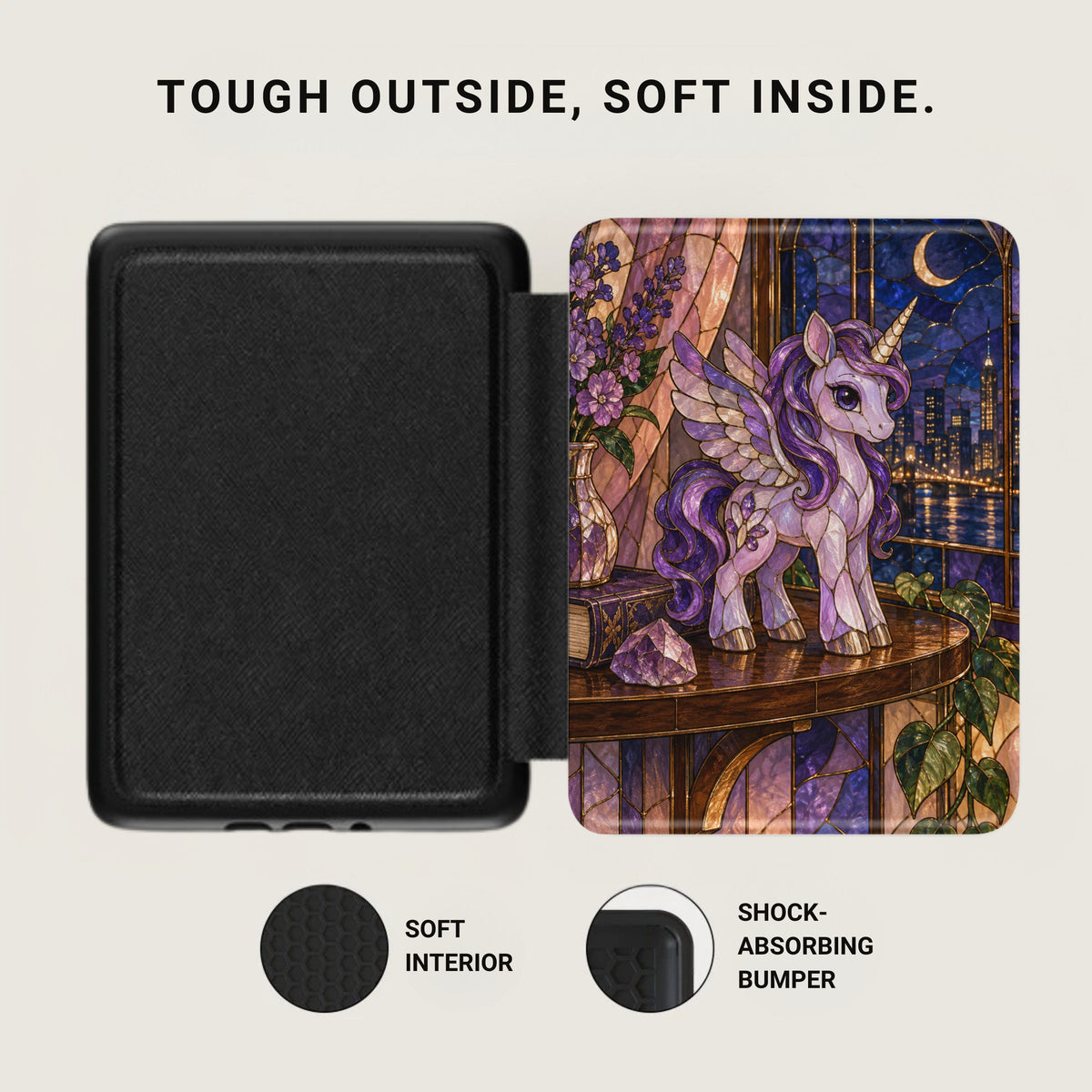 Black case with purple unicorn artwork, featuring "Tough Outside, Soft Inside." text.