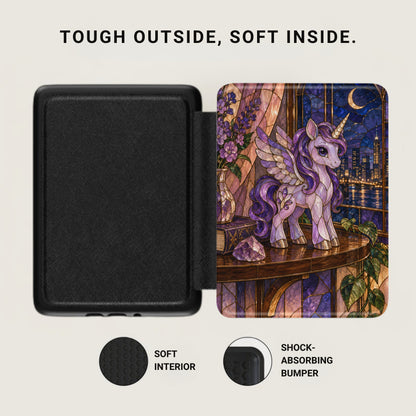 Black case with purple unicorn artwork, featuring "Tough Outside, Soft Inside." text.