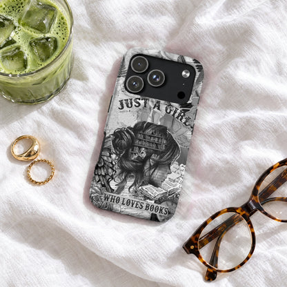 Black and white phone case featuring a woman with bookshelves for hair, surrounded by iced matcha and glasses.