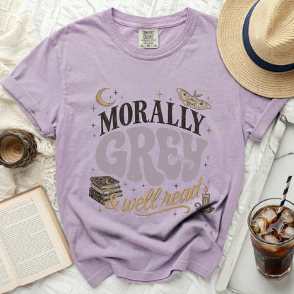 Morally Grey & Well Read graphic tee with moth, moon, books, and candle.