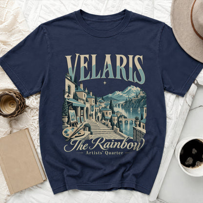 Velaris design with mountains, city, and "The Rainbow Artists' Quarter" text.