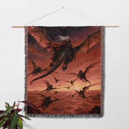 a large tapestry hanging on a wall, featuring a dragon-like creature soaring through a fiery sunset landscape.