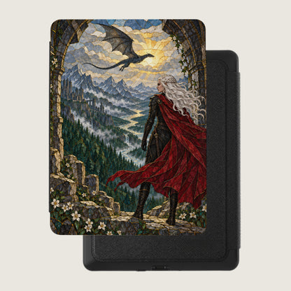 Woman in red cape gazes at dragon over castle and mountains.