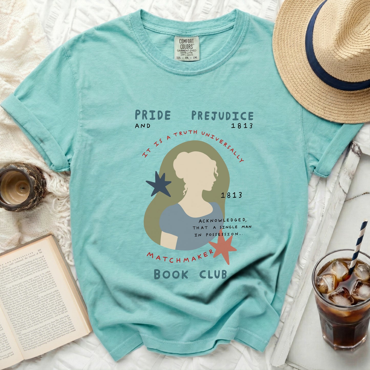 Pride and Prejudice 1813 Matchmaker Book Club t-shirt with silhouette.