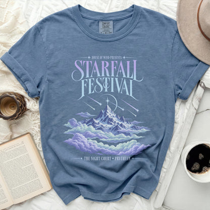 Blue t-shirt with "Starfall Festival House of Wind The Night Court Prythian" text and mountain scene.