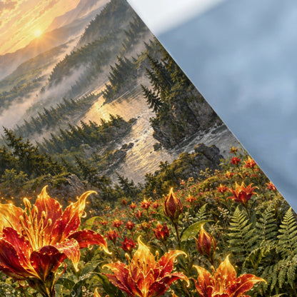 Glowing red and orange lilies bloom with a misty mountain landscape at sunset.