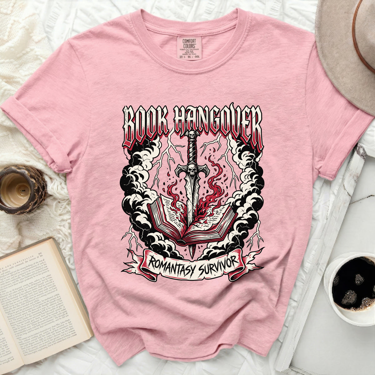 Pink t-shirt with "Book Hangover" and "Romantasy Survivor" text.