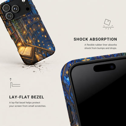 Two views of a phone case featuring a stained glass library design, highlighting shock absorption and lay-flat bezel features.