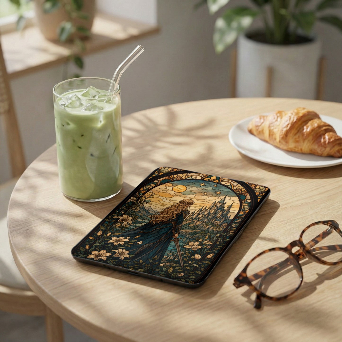 Tablet case with stained glass art of an armored woman and a castle.