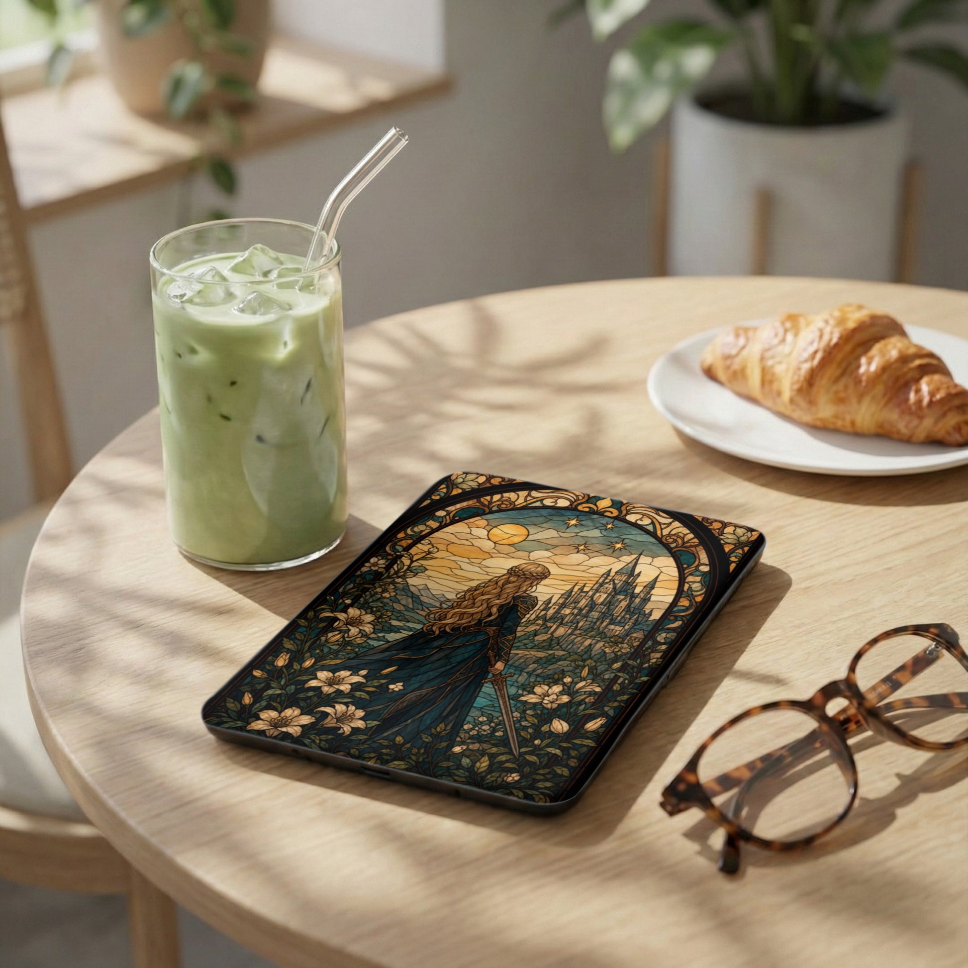 Tablet case with stained glass art of an armored woman and a castle.