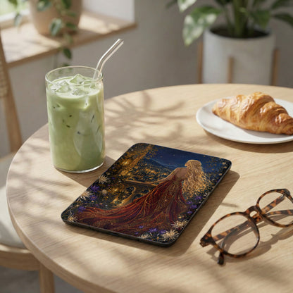 Tablet with ornate celestial woman on dark starry background, next to a drink and croissant.