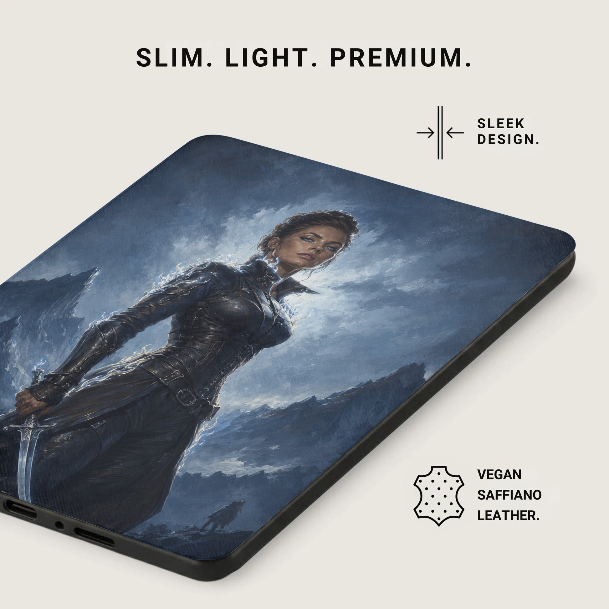 Sleek design, vegan saffiano leather case with fantasy character art.