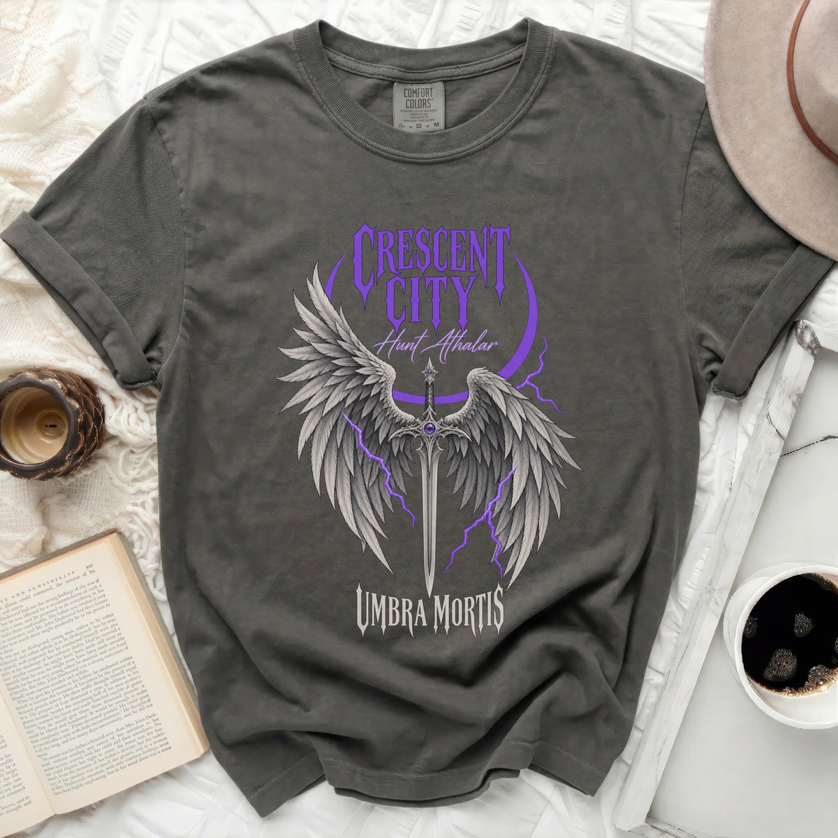 Dark gray t-shirt with Crescent City, Hunt Athalar, and Umbra Mortis graphic.