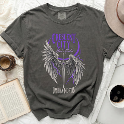 Dark gray t-shirt with Crescent City, Hunt Athalar, and Umbra Mortis graphic.