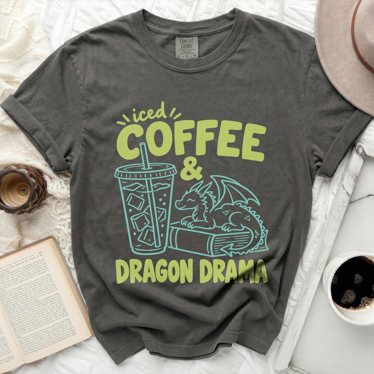 Dark grey t-shirt with "iced COFFEE & DRAGON DRAMA" text and graphics.