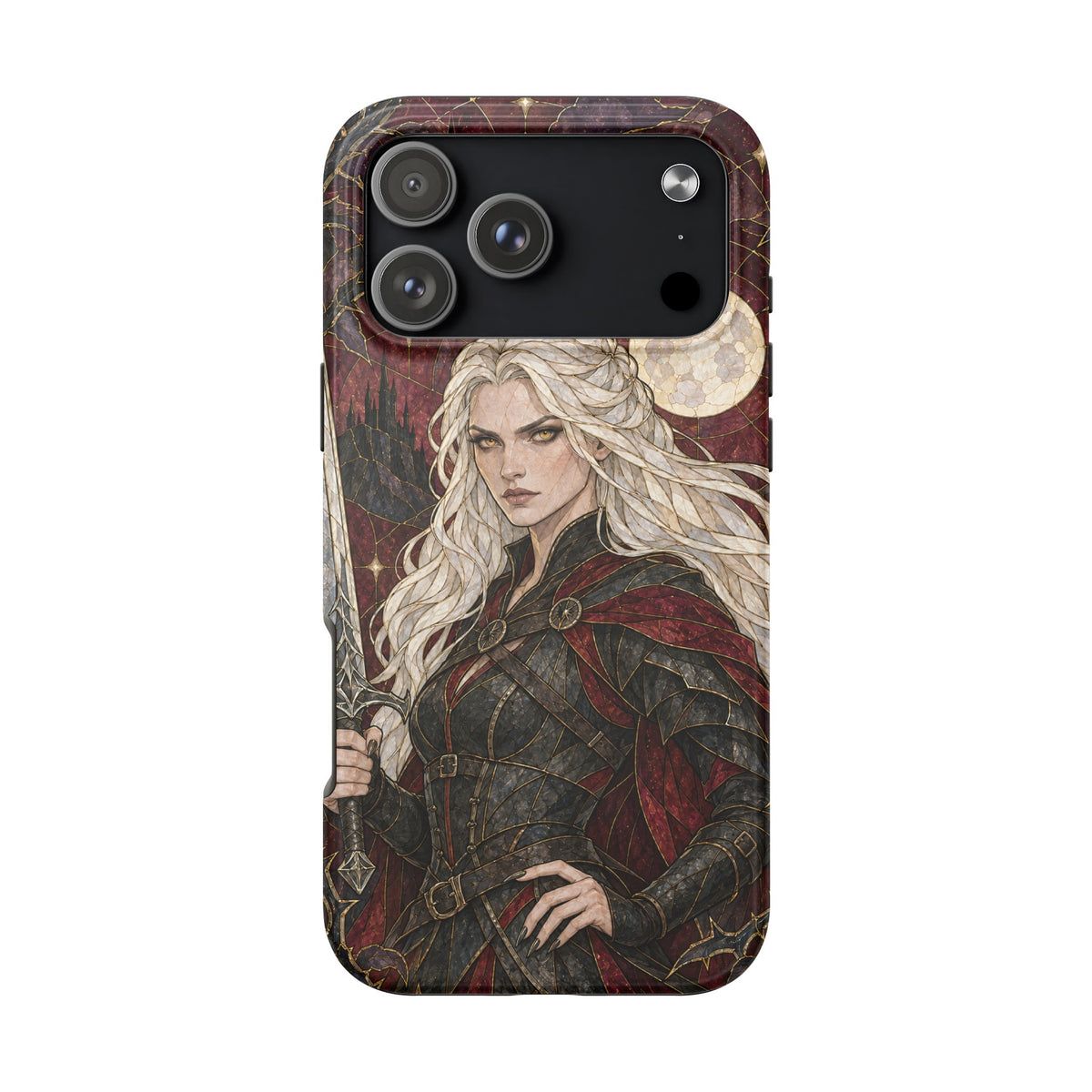 Black phone case featuring a stained glass illustration of a white-haired female warrior holding a sword.