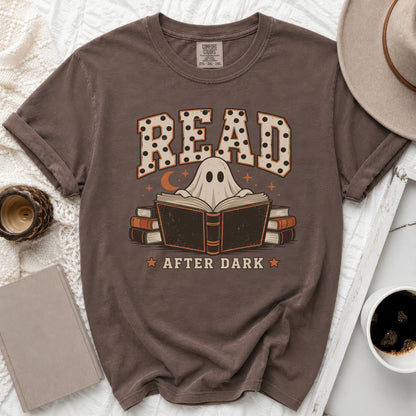 Brown t-shirt with ghost reading a book graphic and text "READ AFTER DARK".