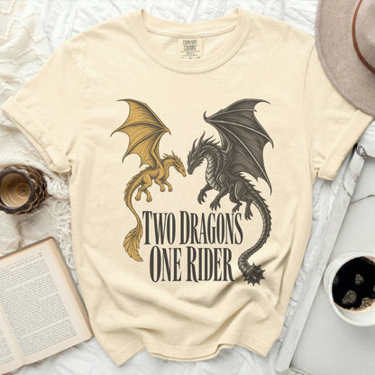 Cream t-shirt with graphic of two dragons and text "TWO DRAGONS ONE RIDER".