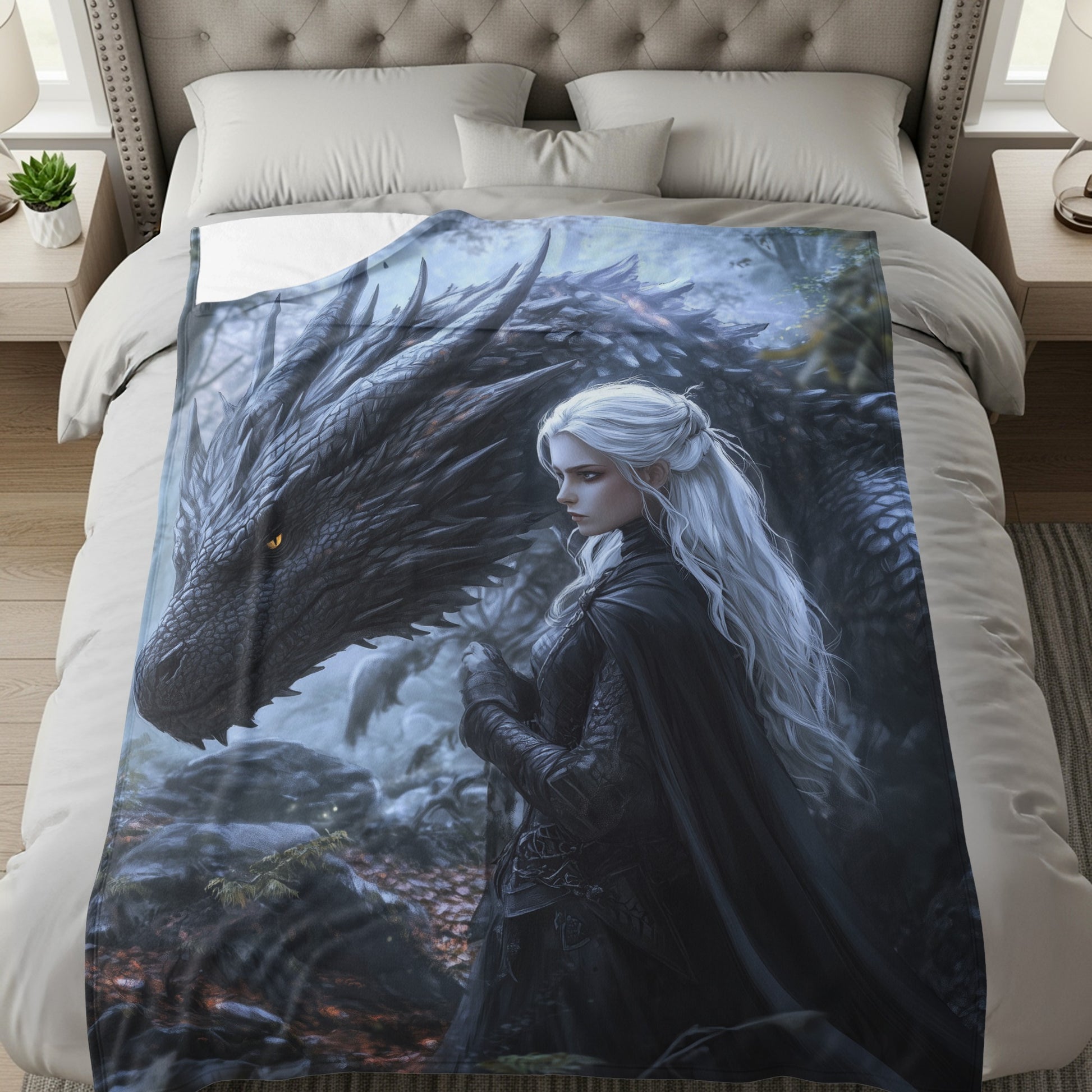 Fantasy Character With Dragon Art Blanket