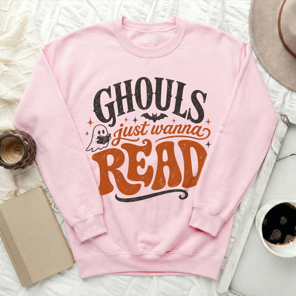 Ghouls Wanna Read Literary Sweatshirt in Light Pink