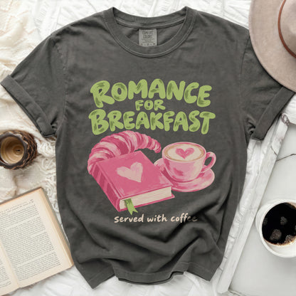 Romance for Breakfast graphic tee with croissant and coffee.