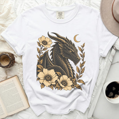 White t-shirt with dragon and floral graphic, Comfort Colors tag visible.