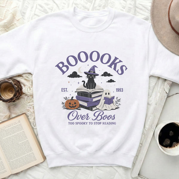 Boooks Over Boos Halloween Sweatshirt in White