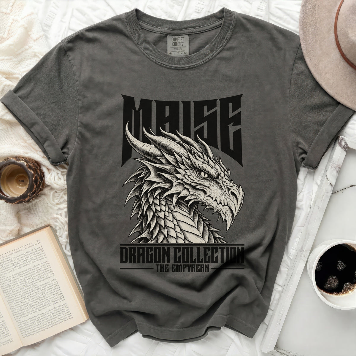 Gray t-shirt with "MAISE DRAGON COLLECTION THE EMPYREAN" text and dragon graphic.