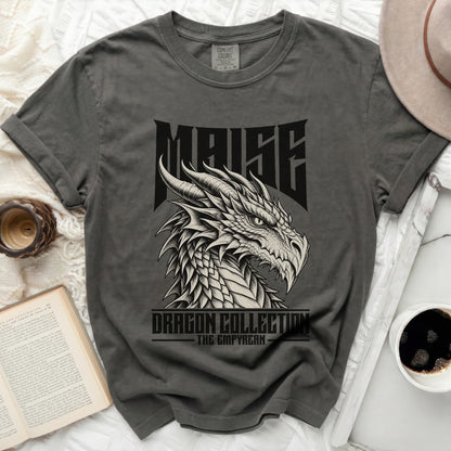 Gray t-shirt with "MAISE DRAGON COLLECTION THE EMPYREAN" text and dragon graphic.