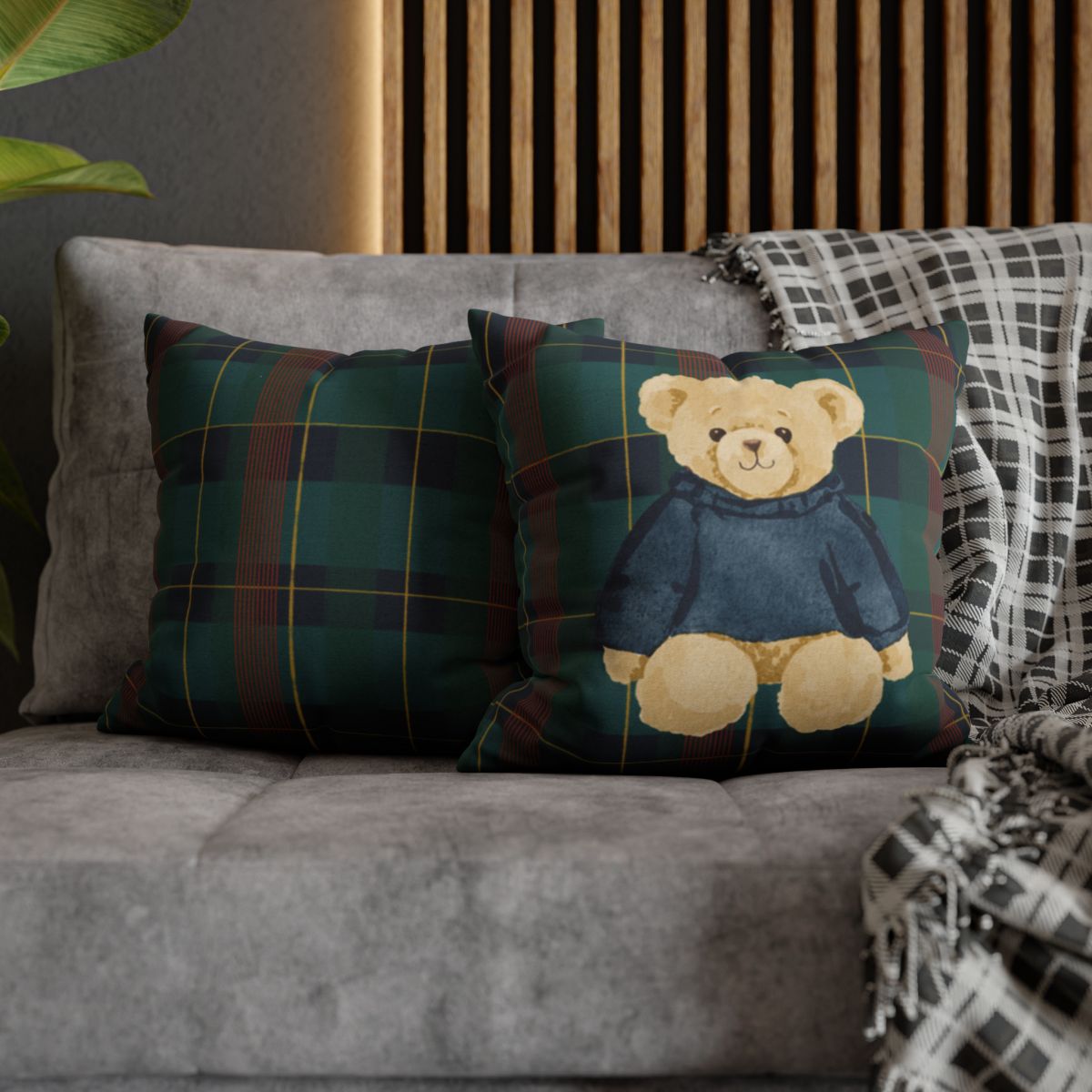 Cozy Teddy Bear Patterned Plaid Decorative Cushions